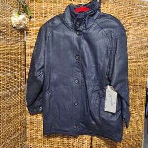 NWT VTG Jacqueline Ferrar Leather Womens Bomber Coat Mid Length Small Navy Blue